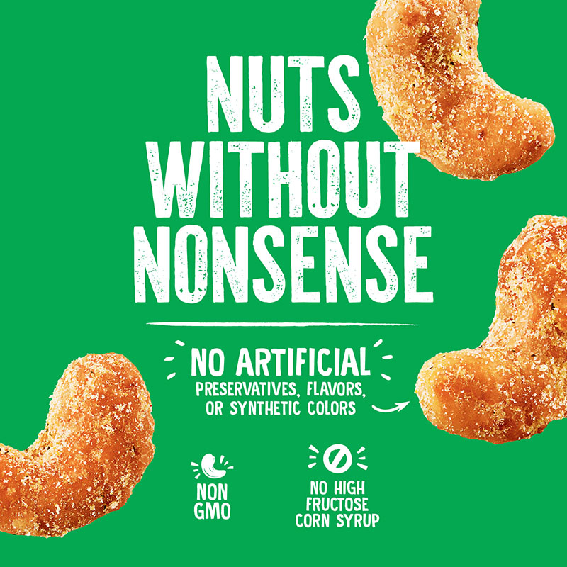 Green background with the text Nuts Without Nonsense in bold white letters. Below, it says No artificial preservatives, flavors, or synthetic colors, and icons for Non-GMO and No High Fructose Corn Syrup. Four cashews are placed around the text.